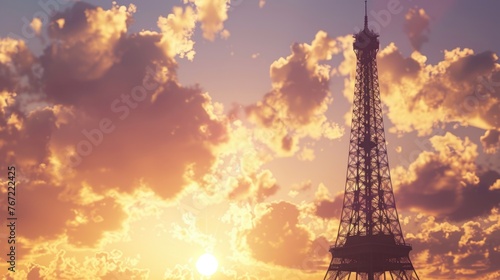 Romantic Travel Background: Eiffel Tower at Sunset in Paris, France with Stunning Architecture and Skyline View