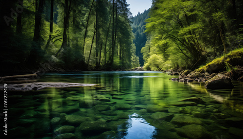 A beautiful landscape photo of a crystal clear river flowing through a lush green forest photo