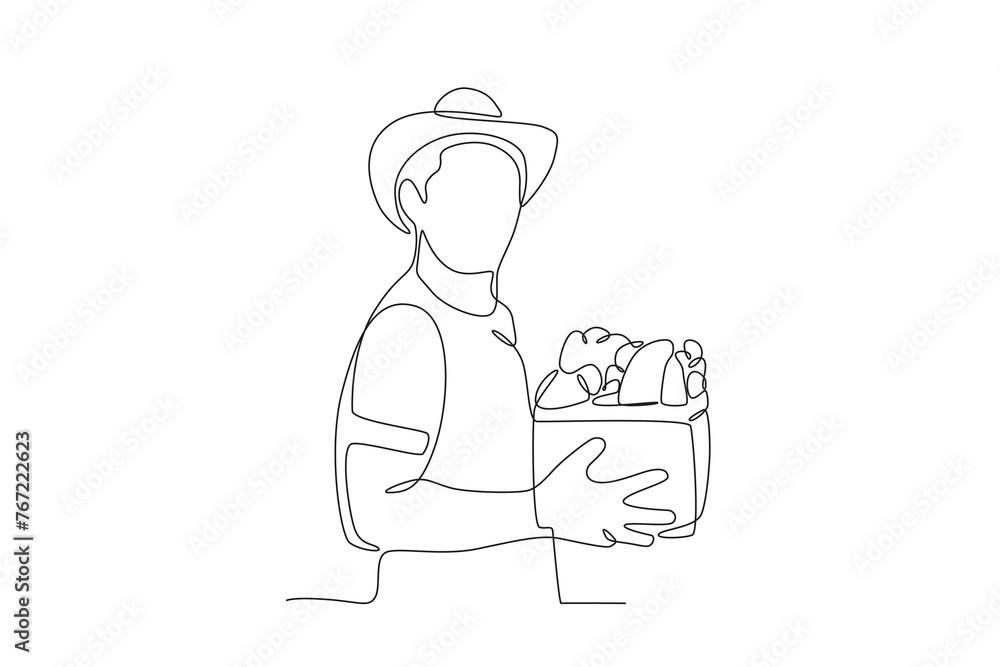A man who has just finished harvesting vegetables.People picking herbs or veggie one-line drawing