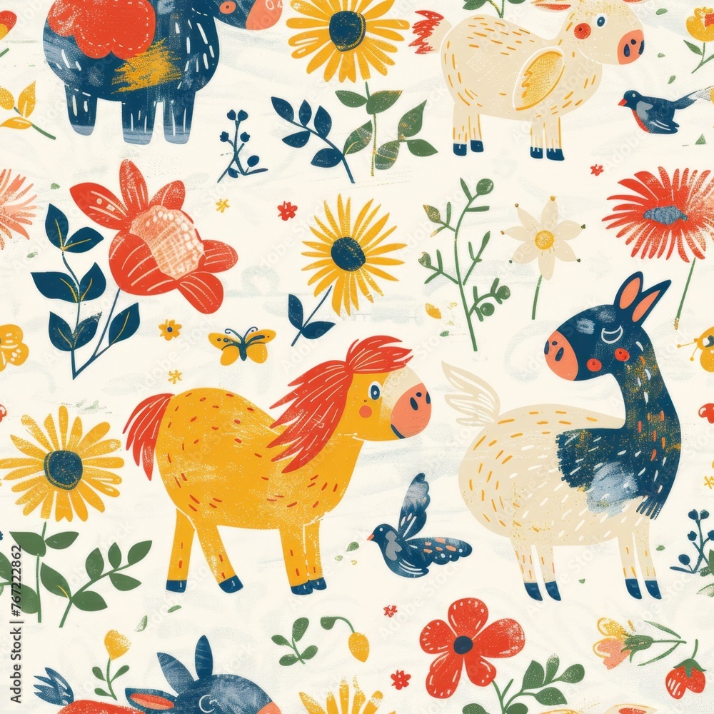 A playful illustration of adorable farm animals with a cheerful assortment of colorful flowers and small birds.