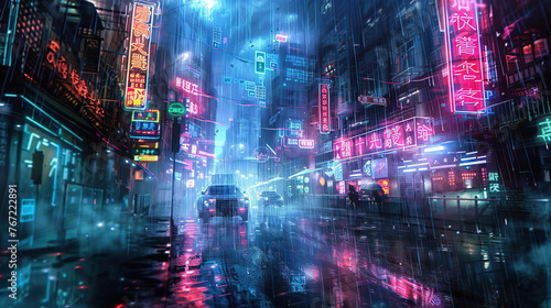 Illustrate a hauntingly beautiful scene of cyberpunk streets illuminated by neon signs and holographic displays, set against a backdrop of rain and fog, creating a moody and atmospheric ambiance that 