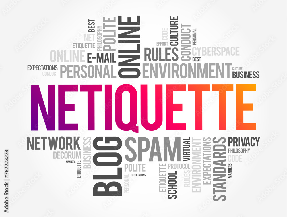 Netiquette is a set of rules that encourages appropriate and courteous online behavior, word cloud concept background