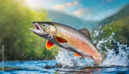 Rainbow trout jumps out of the water with a splash.

