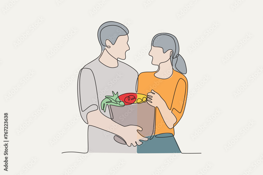 A couple who have finished harvesting vegetables,colored.People picking herbs or veggie one-line drawing A couple who have finished harvesting vegetables,colored.People picking herbs or veggie one-line drawing