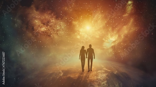 Man and woman silhouettes at abstract cosmic background. Human souls couple in love.
