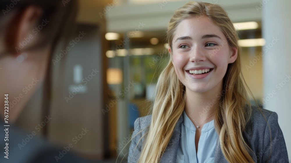 A cheerful woman engages in conversation in a modern office setting. A cheerful woman engages in conversation in a modern office setting.
