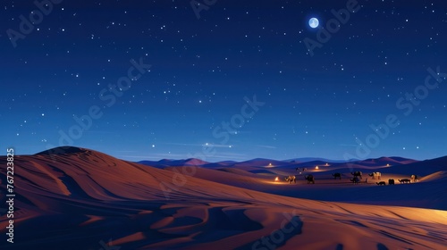 moonlit night in the  desert  with endless sand dune  camel caravan 
