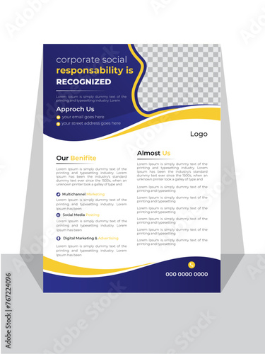 Minimalist corporate flyer design with blue and yellow color.