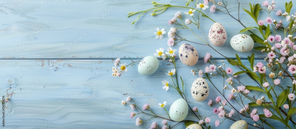 Easter-themed table arrangement featuring hand-painted eggs and flowers on a light blue wooden surface, viewed from above. Ample room for adding text.