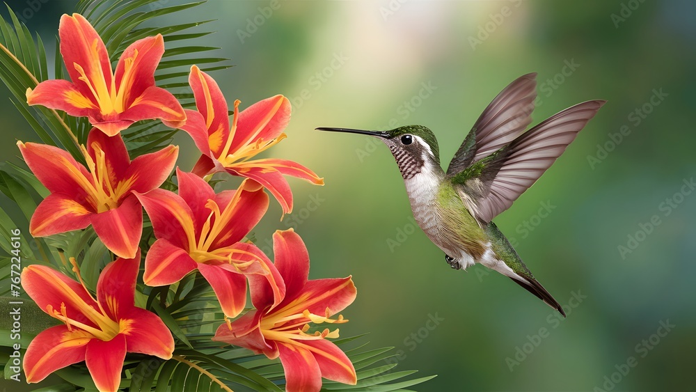 Naklejka premium Tropical flower background with hummingbird in flight, archilochus colubris