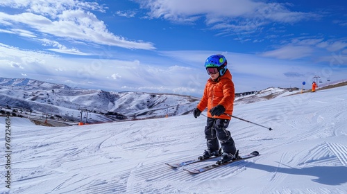 Chinese boy skis on snowy mountain, cold weather, blue sky