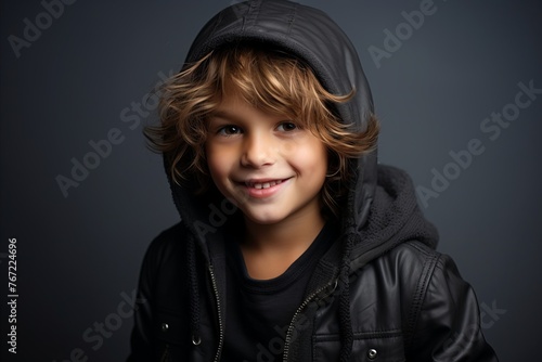 Portrait of a cute little boy in a black jacket. Studio shot. © Loli