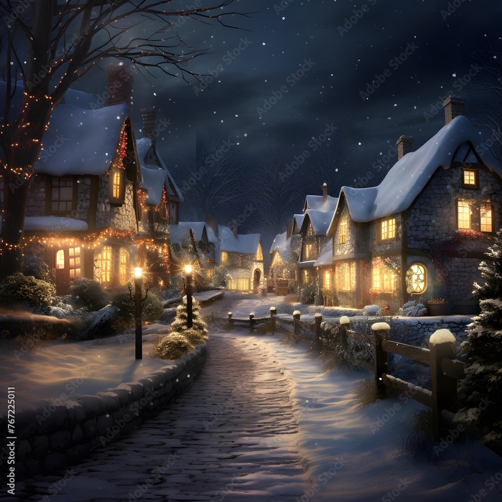 Winter night in the village. Illustration in digital painting style.
