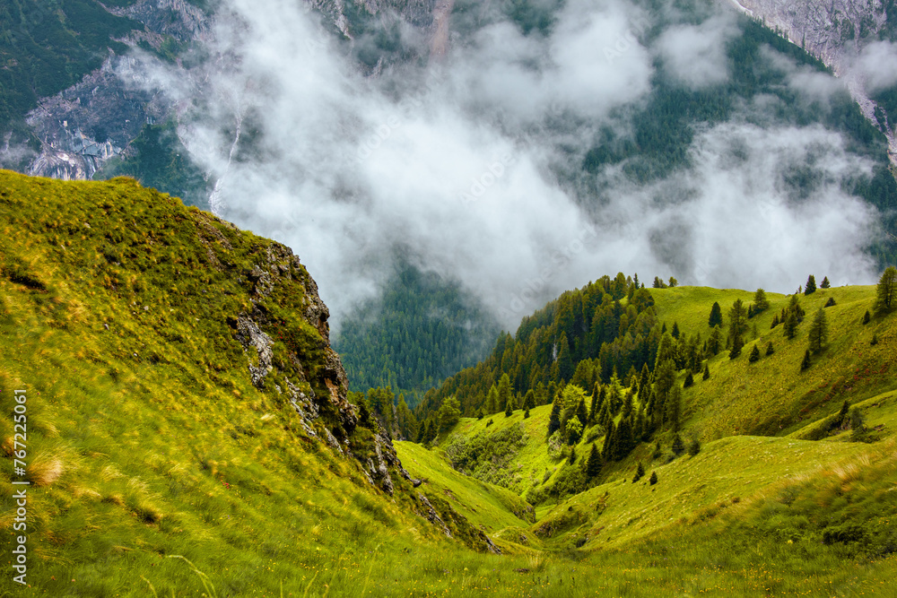 landscape with mountains, hills, rocks, trees and fog landscape with mountains, hills, rocks, trees and fog
