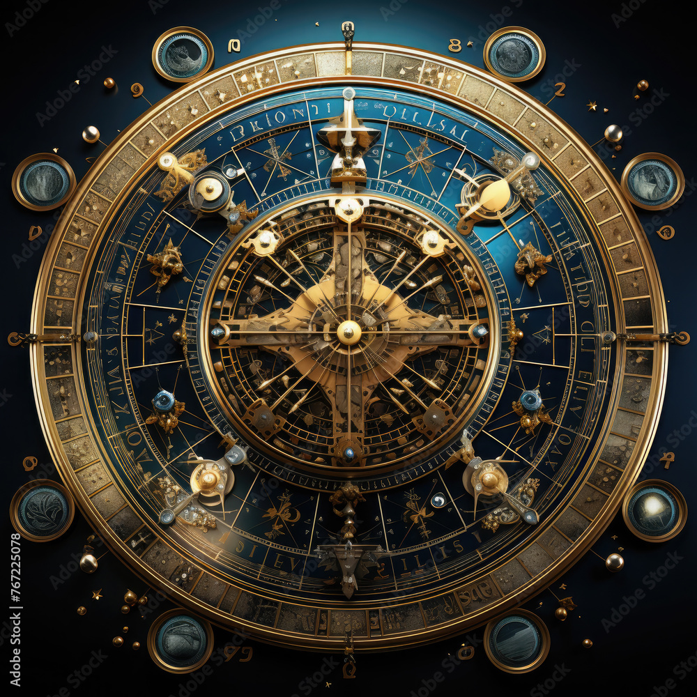 Zodiac circle, galactic representation of the zodiac as an interpretation of the horoscope. Astrological background, futuristic transverse horoscope.Natal chart. Astrology