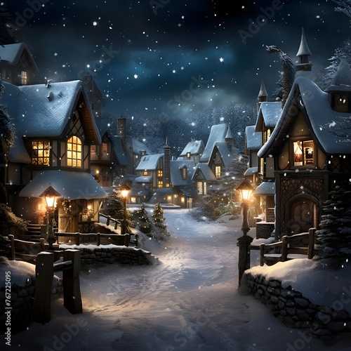 Winter night in the village. Christmas background. 3d illustration.