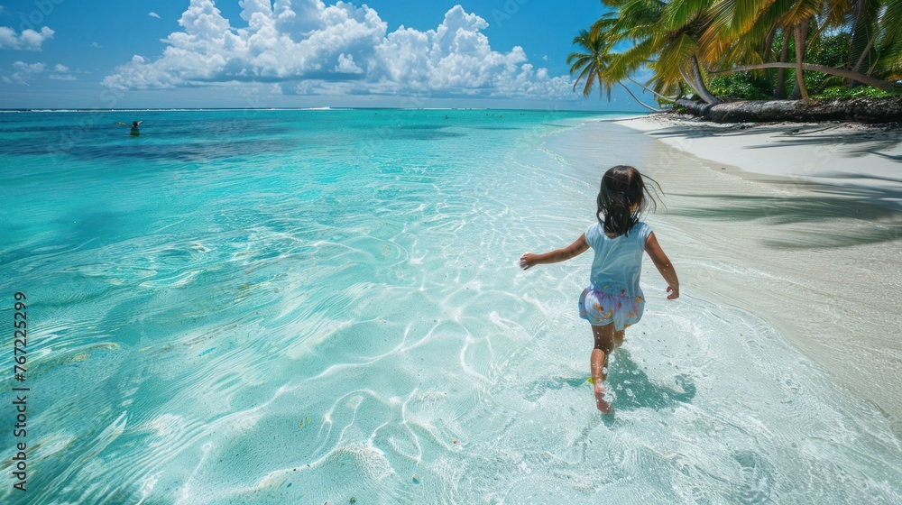Chinese girl playing in clear water Turquoise sea, white sandy beach, coconuts waving
