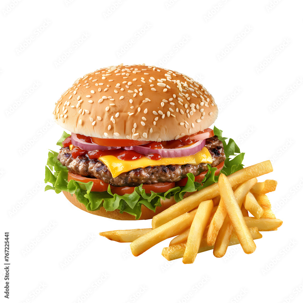 burger with french fries isolated on Transparent Background. Ai generated burger with french fries isolated on Transparent Background. Ai generated