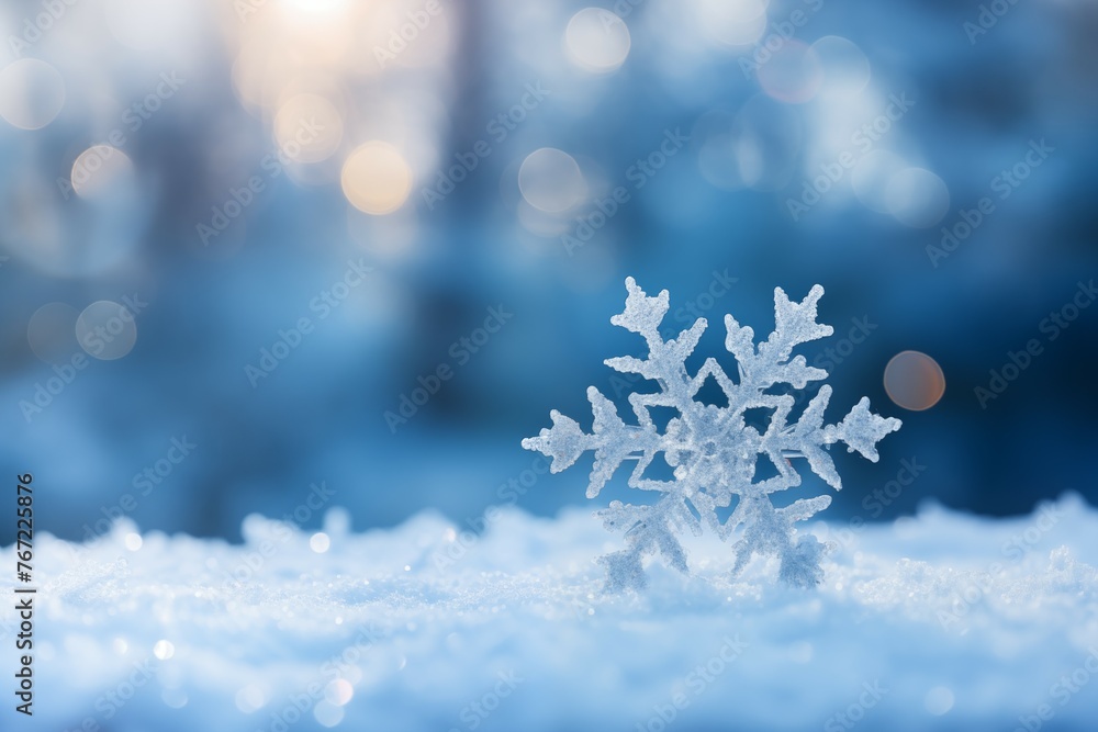 closeup snowflake on blurred snow bokeh background closeup snowflake on blurred snow bokeh background