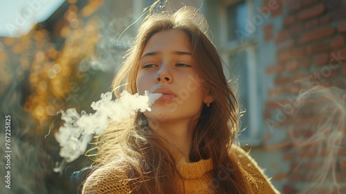 Woman in Pink Jacket Smoking Cigarette