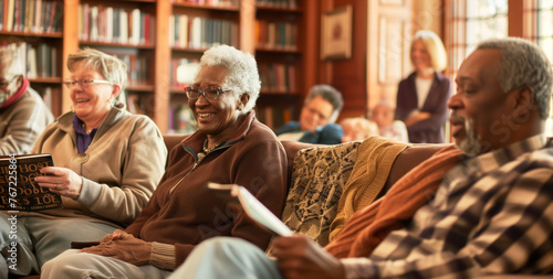 Seniors sharing stories and laughter in a cozy book club meeting at the library.