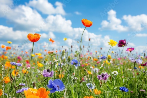 Fields of colorful flowers Blooming against a bright blue sky, 