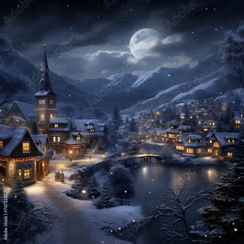 Winter village in the mountains at night with snow and full moon.