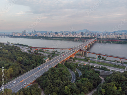 Sunset in Seoul. Aerial Cityscape. South Korea. Skyline of City. Seongdong District. Han River in Background