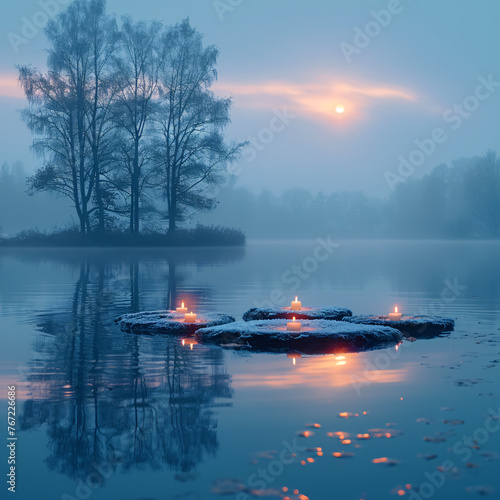 calming moment with stones and water, lake landscape with candles © Riverland Studio