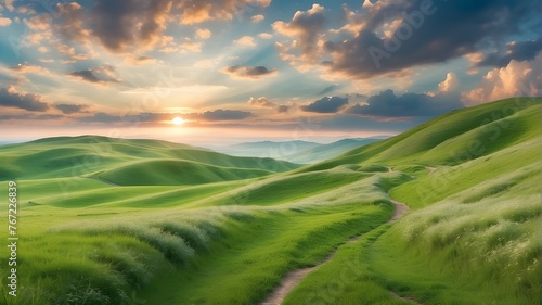 Beautiful winding path in the morning at dawn, with clouds and a beautiful sky, through a green grass field in a hilly terrain. A naturally occurring, expansive spring or summer scene