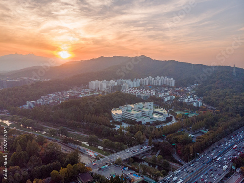 Sunset in Seoul. Aerial Cityscape. South Korea. Skyline of City. Seocho District. Park in Background