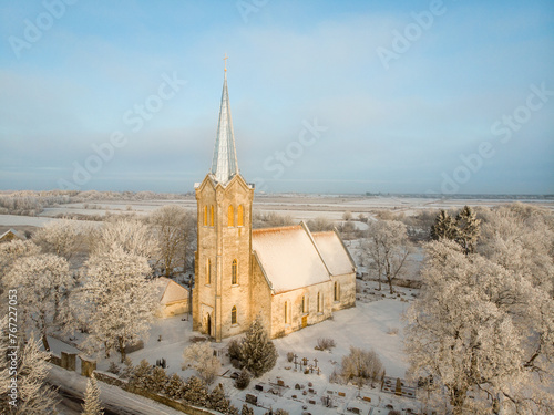 St. Mary's Church in Joelahtme, Estonia. Snowy Nature, Landscape