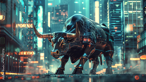 3D depiction of a menacing cyber bull towering over a digital financial backdrop, its sharp horns symbolizing the dangers lurking in online financial transactions generative ai photo