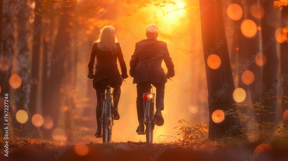 Back view of cheerful active senior couple with bicycle in public park together having fun lifestyle Back view of cheerful active senior couple with bicycle in public park together having fun lifestyle