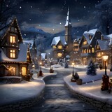 Digital painting of christmas village in winter with snow covered houses at night