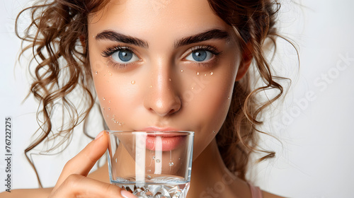 half top body portrait of a woman drinking water with a glass, white background