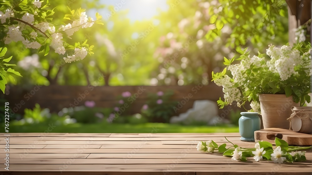 A lovely springtime background with verdant, fresh foliage, blossoming branches, and an empty wooden table set in the yard under the sun.