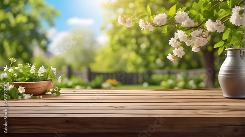 A lovely springtime background with verdant, fresh foliage, blossoming branches, and an empty wooden table set in the yard under the sun. © Ashan