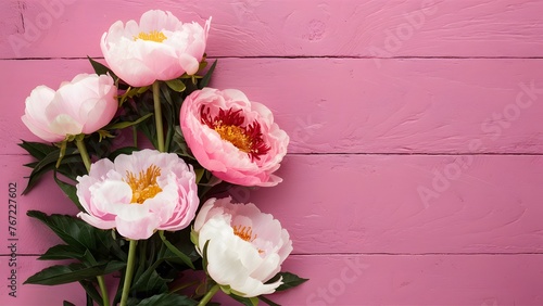 Vintage pink wooden background complements peony flowers, text space