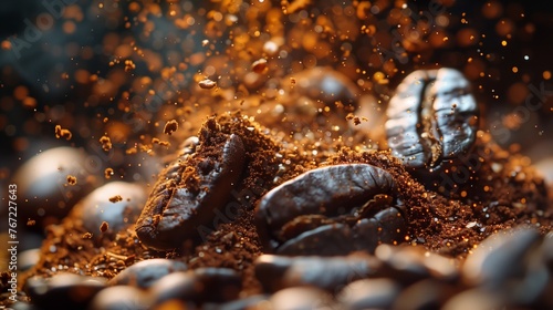 Explosion of Flavor  Roasted Coffee Beans with Ground Coffee Burst