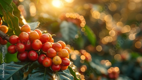 Sun-kissed Ripe Coffee Cherries on Branch in the Plantation