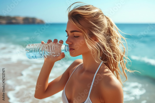 Woman drinking water on the beach