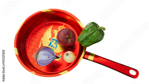 Montenegrin Cuisine Concept: Colorful Vegetables on a Pan with National Emblem photo