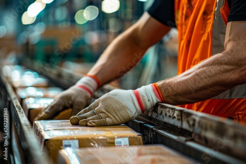 Warehouse Worker Handling Boxes on Conveyor Belt