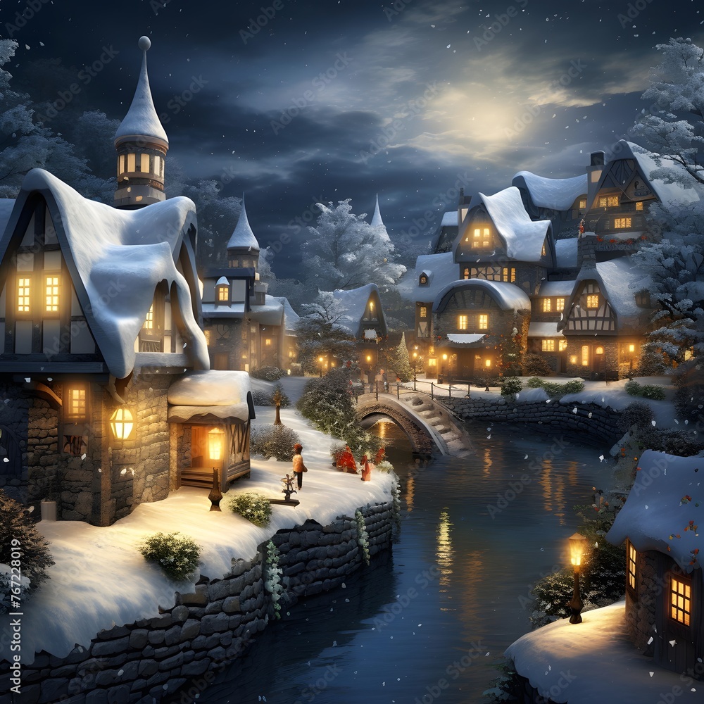Digital Illustration of a Fairy Tale Village in the Winter with Snow