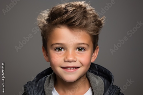 Portrait of a cute little boy in a black jacket on a gray background © Loli