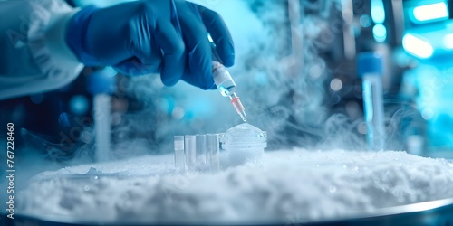 Technician injecting cryopreservation fluid into body to prevent cellular damage by lowering freezing point. Concept Cryopreservation Techniques, Cellular Preservation photo