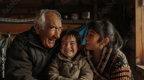 Photograph of a family celebrating the festival, smiling, laughing, full of happiness 