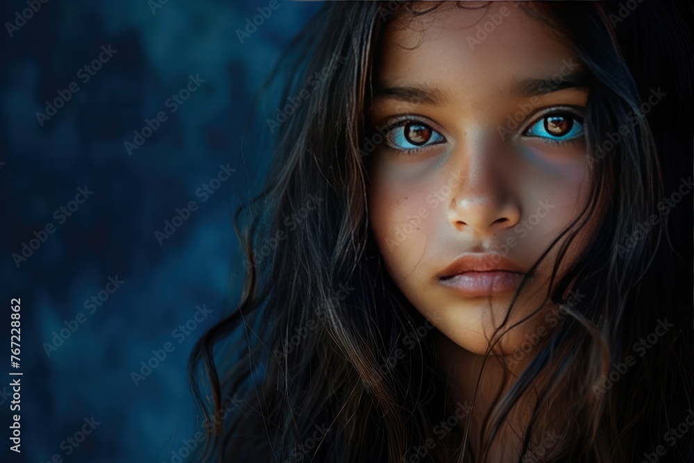 Indian girl raven black eyes Gazing charmingly at the camera Standing in front of a dark blue backdrop It symbolizes innocence and purity. Indian girl raven black eyes Gazing charmingly at the camera Standing in front of a dark blue backdrop It symbolizes innocence and purity.