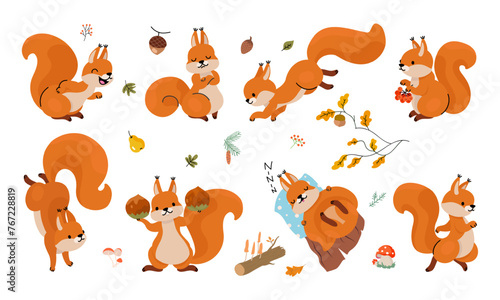 Funny squirrel. Cartoon forest red squirrels with nuts. Emotional animal run, jump, sleep and laughing. Cute children mascots nowaday vector clipart